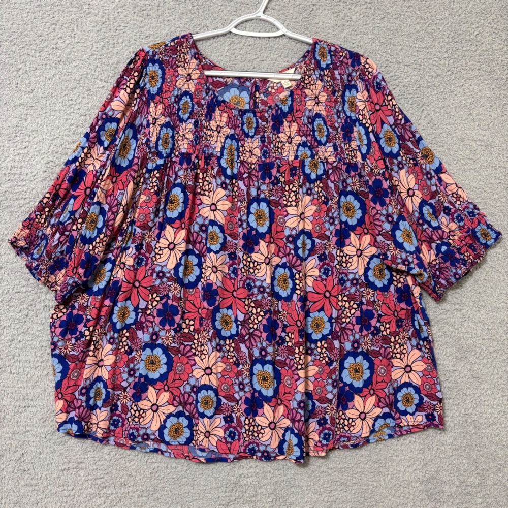Casual Floral Boho Blouse Peasant Smocked Colorful Top Relaxed Flowy 4X